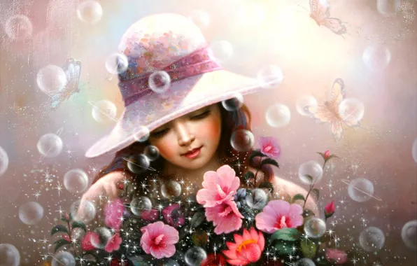 Butterfly, lights, bouquet, bubbles, girl, brown hair, pink flowers, in the hat