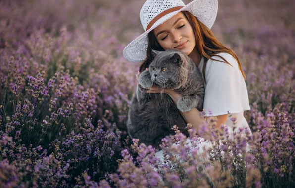 Picture cat, girl, pose, mood, hat, lavender, Kote, closed eyes