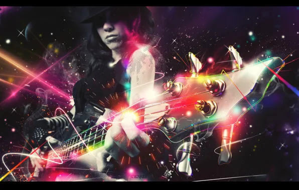 Picture girl, lights, neon, hat, sparks, electric guitar