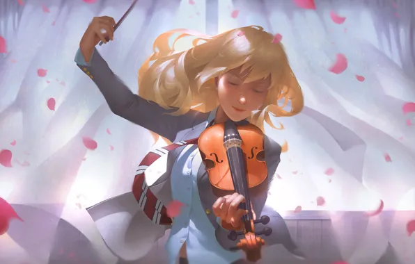 Girl, music, violin, petals, art, blonde, tie