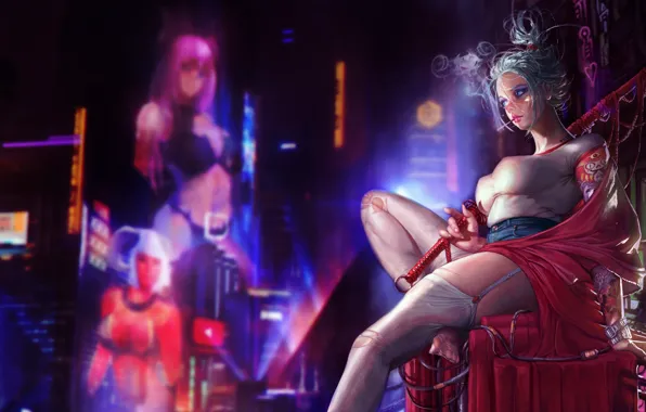 Girl, Night, The city, Neon, Style, Girl, City, Fantasy
