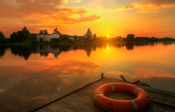 The sun, landscape, nature, river, dawn, village, morning, pier