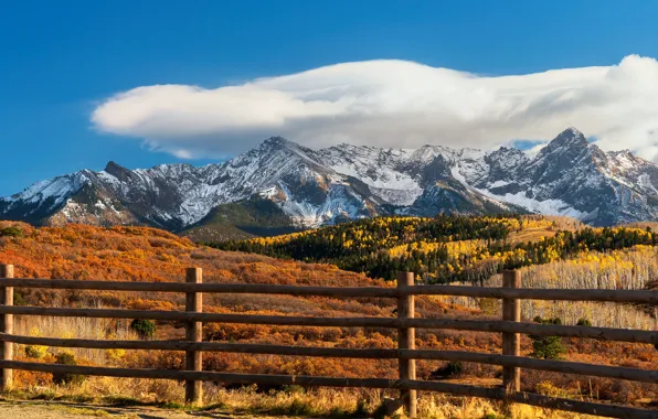 Autumn, forest, clouds, trees, mountains, blue, the fence, the fence