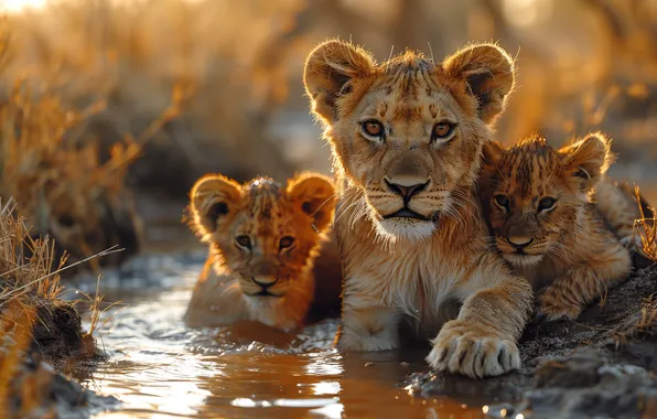 Water, Look, Lioness, Kittens, Puddle, Digital art, Lion cub, Cubs