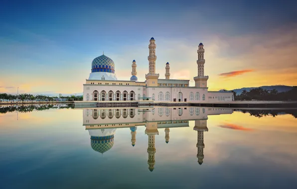 Picture clouds, reflection, morning, mirror, Malaysia, Likas Bay, Kota Kinabalu city Mosque, sand road