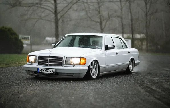 White, rain, Mercedes-Benz, Mercedes, low, stance, SEL, W126