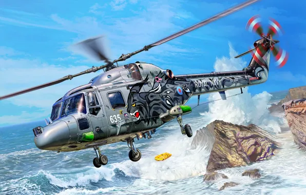 Picture wave, rocks, figure, helicopter, British, multipurpose, boat, Michal Reinis