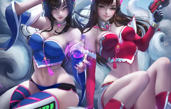 Red, Girls, Chest, Blue, The game, Look, Tits, Brunette
