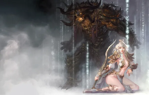 Girl, monster, sword, characters, art, sitting