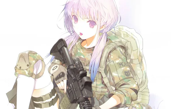 Machine, white background, gloves, Lollipop, camouflage, backpack, art, haruaki fuyuno