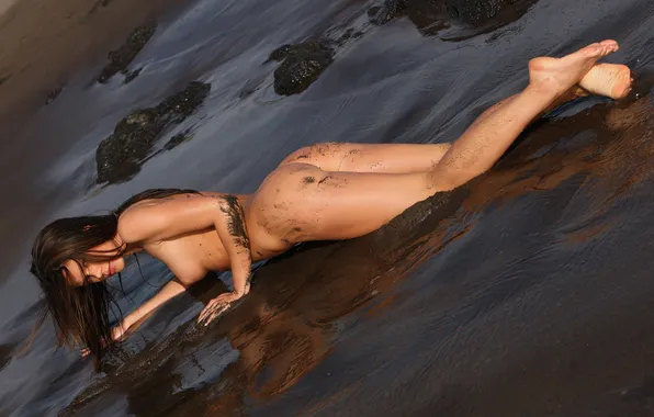 Sand, sea, look, girl, brown hair, nudity, Little Caprice