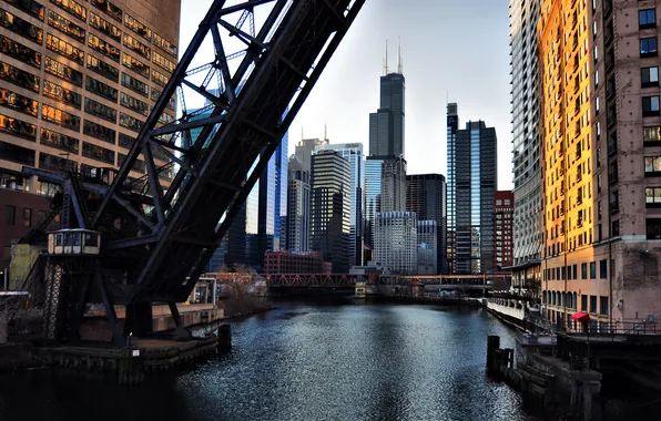 Bridge, city, the city, river, USA, Chicago, Illinois, raised