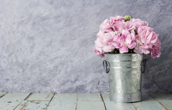 Flowers, petals, bucket, pink, vintage, wood, pink, flowers