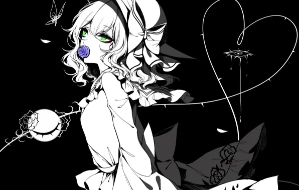 Girl, eyes, rose, heart, black background, Touhou, Koishi Komeiji, Touhou
