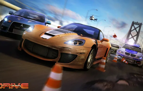 Transport, chase, helicopter, cars, Drive