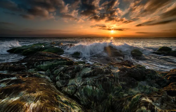 Picture sea, wave, sunset, rocks, the evening, waves, sea, sunset