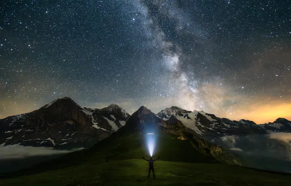 Field, stars, light, snow, mountains, night, darkness, the slopes