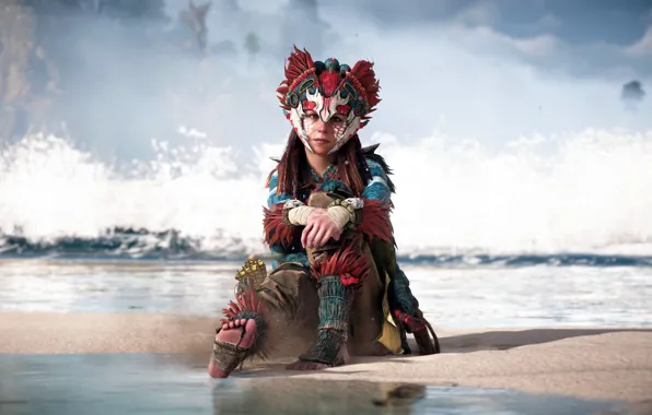 Sand, water, girl, pose, shore, the game, game, character