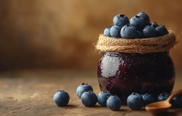 Glass, berries, table, blueberries, Bank, placer, jam, jam