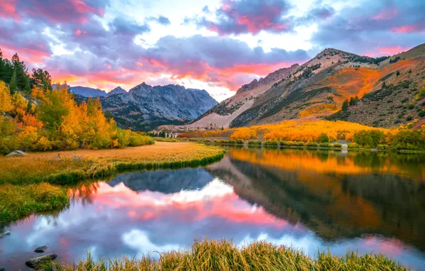 Picture autumn, clouds, mountains, nature, lake, CA, USA