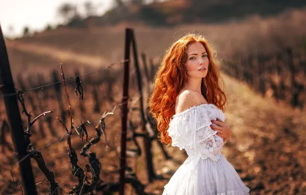 DRESS, RED, FRECKLES, VINEYARDS