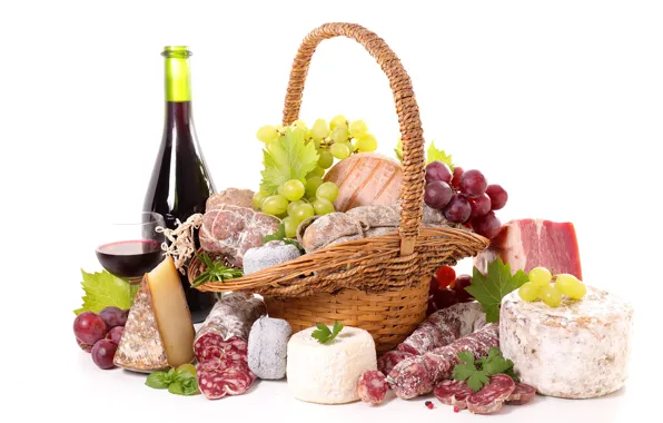 Wine, basket, cheese, grapes, sausage, wine, grapes, bacon