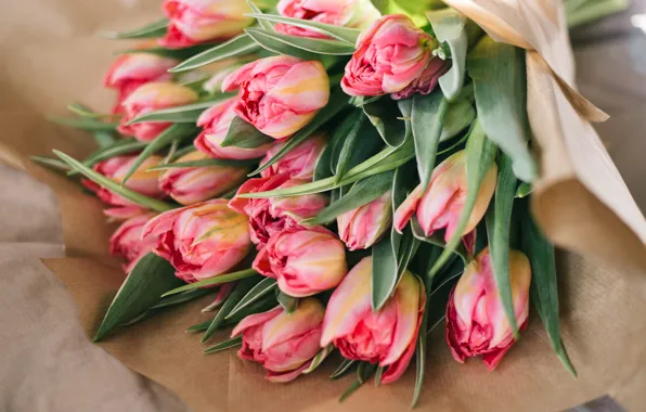 Table, bouquet, tulips, pink