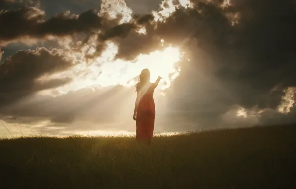 GRASS, The SKY, CLOUDS, GREENS, DRESS, CLOUDS, LIGHT, MOOD