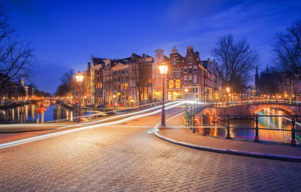 Bridge, building, home, Amsterdam, lights, channel, Netherlands, night city