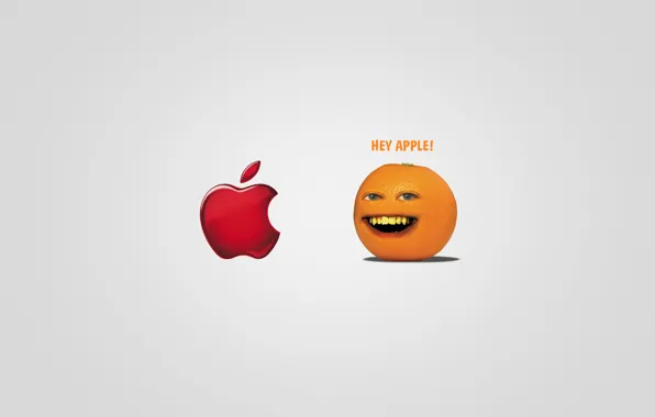 Picture the inscription, apple, Apple, the trick, The Annoying Orange, HEY APPLE