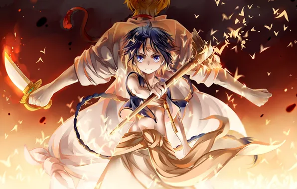 Picture birds, weapons, fire, magic, anime, art, guys, magi the labyrinth of magic