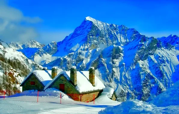 Winter, the sky, snow, trees, mountains, home