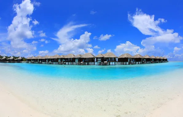 Sand, sea, beach, the sky, nature, the Maldives, Bungalow