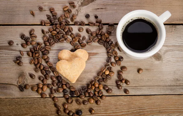 Picture coffee, cookies, Cup, heart, coffee beans