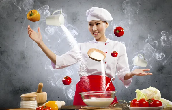 Picture girl, smile, food, eggs, milk, cook, tomatoes, cabbage