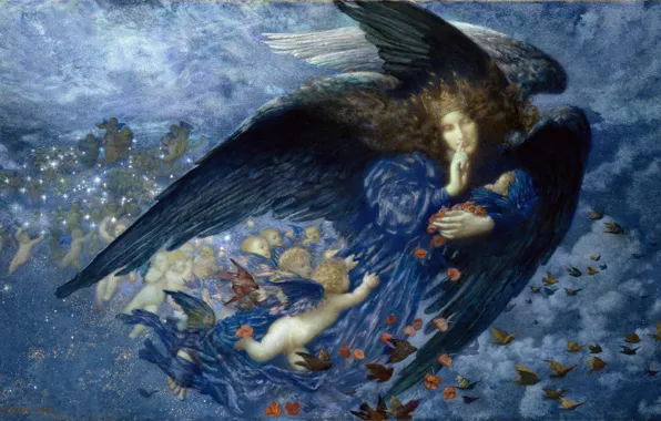 Pigeons, angels, Night with train of stars, Edward Robert Hughes