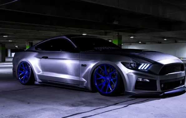 Silver, Ford Mustang, muscle car, blue discs
