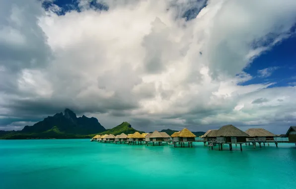 Sea, clouds, mountains, tropics, coast, Bungalow, Bora Bora, French Polynesia