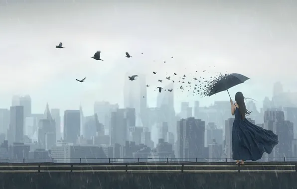 Picture girl, birds, the city, fantasy, rain, umbrella, art