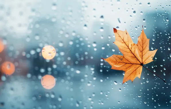 Autumn, glass, water, drops, yellow, the city, lights, sheet