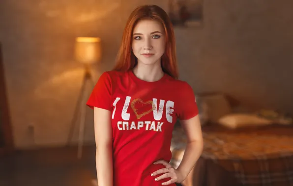 Look, girl, pose, t-shirt, cheerleader, red, redhead, Spartacus