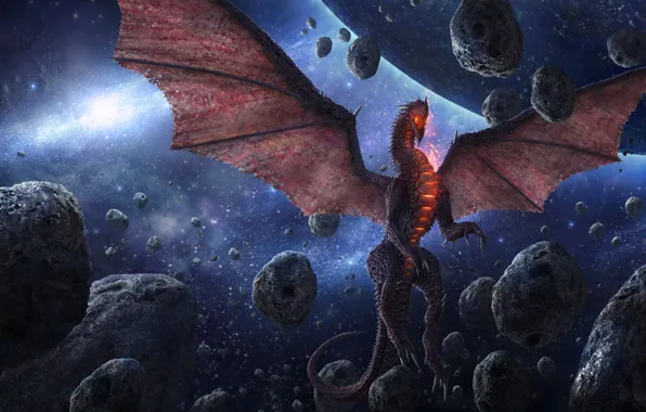 Picture fiction, art, wings, space, dragon, meteorites