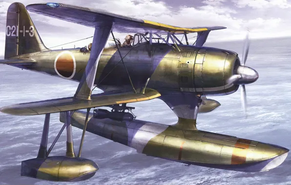 Picture art, airplane, aviation, ww2, mitsubishi f1m2