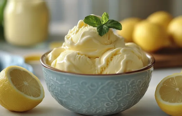 Table, ice cream, bowl, mint, lemons, bowl, lemon, AI art
