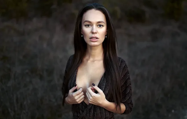 Picture look, girl, pose, hands, dress, brunette, long hair, bokeh