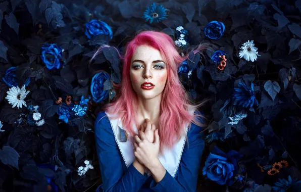 Look, girl, flowers, mood, hands, makeup, pink hair, Ronny Garcia