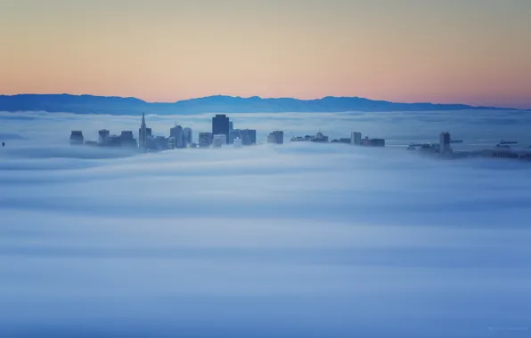 Fog, dawn, building, morning, CA, the top, Sausalito