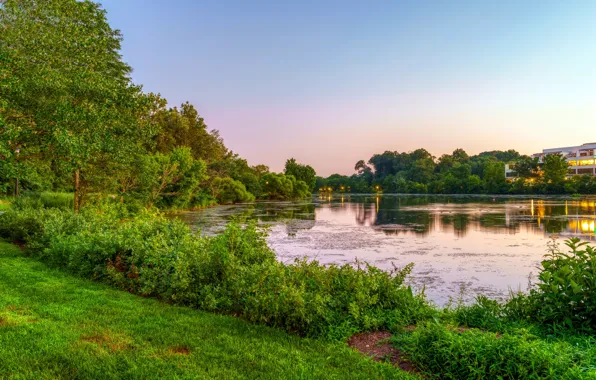 The sky, grass, trees, sunset, lights, pond, Park, the building