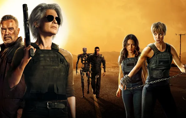 Fiction, action, poster, Arnold Schwarzenegger, Terminator, Arnold Schwarzenegger, Sarah Connor, Mackenzie Davis