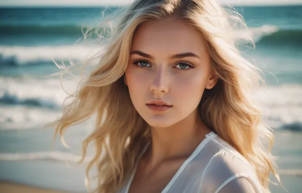 Picture beach, long hair, sea, blue eyes, women, face, blonde, collarbone
